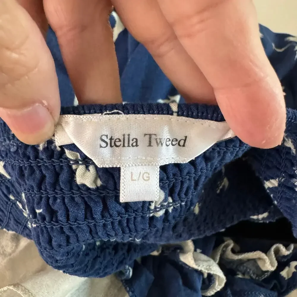 STELLA TWEED Dress Large Spaghetti Strap Drop Waist Ruffle Tiered Hem‎ Smocked